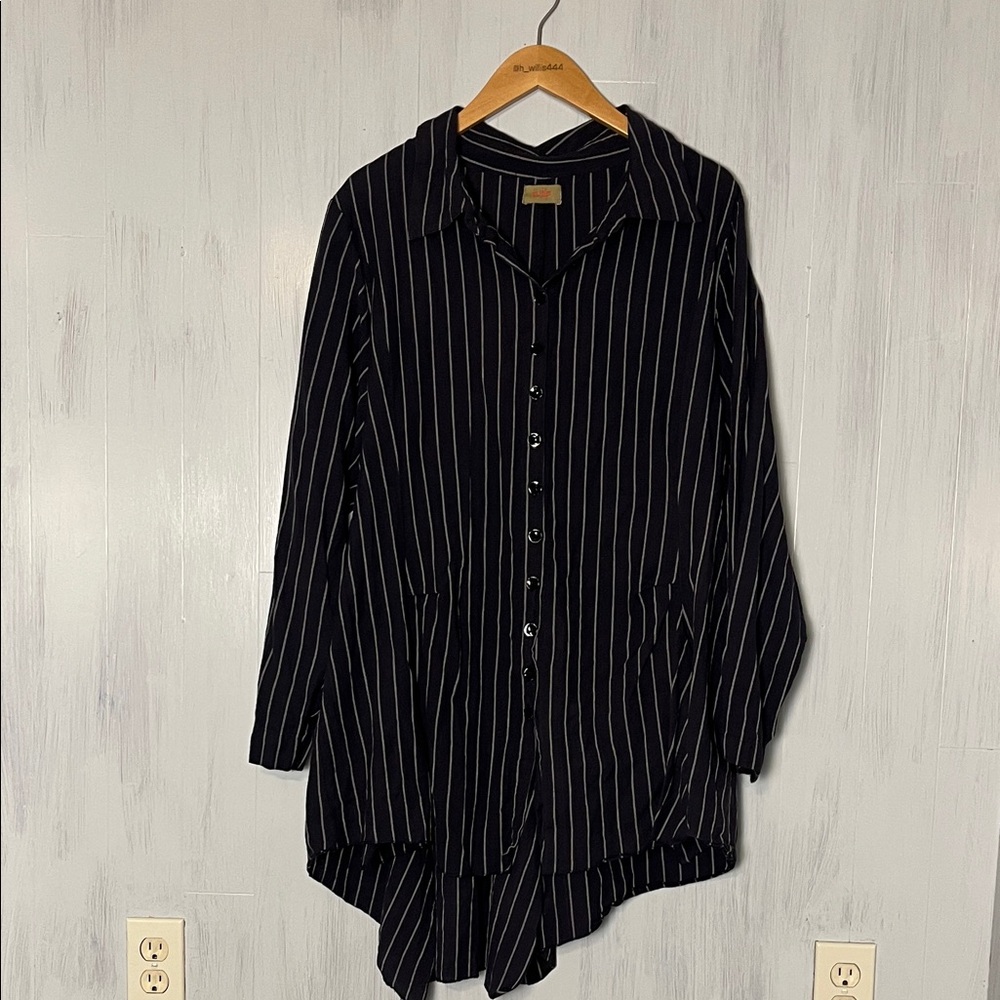 Tulip Navy Striped Button Down Tunic Cotton Lagenlook‎ Size L